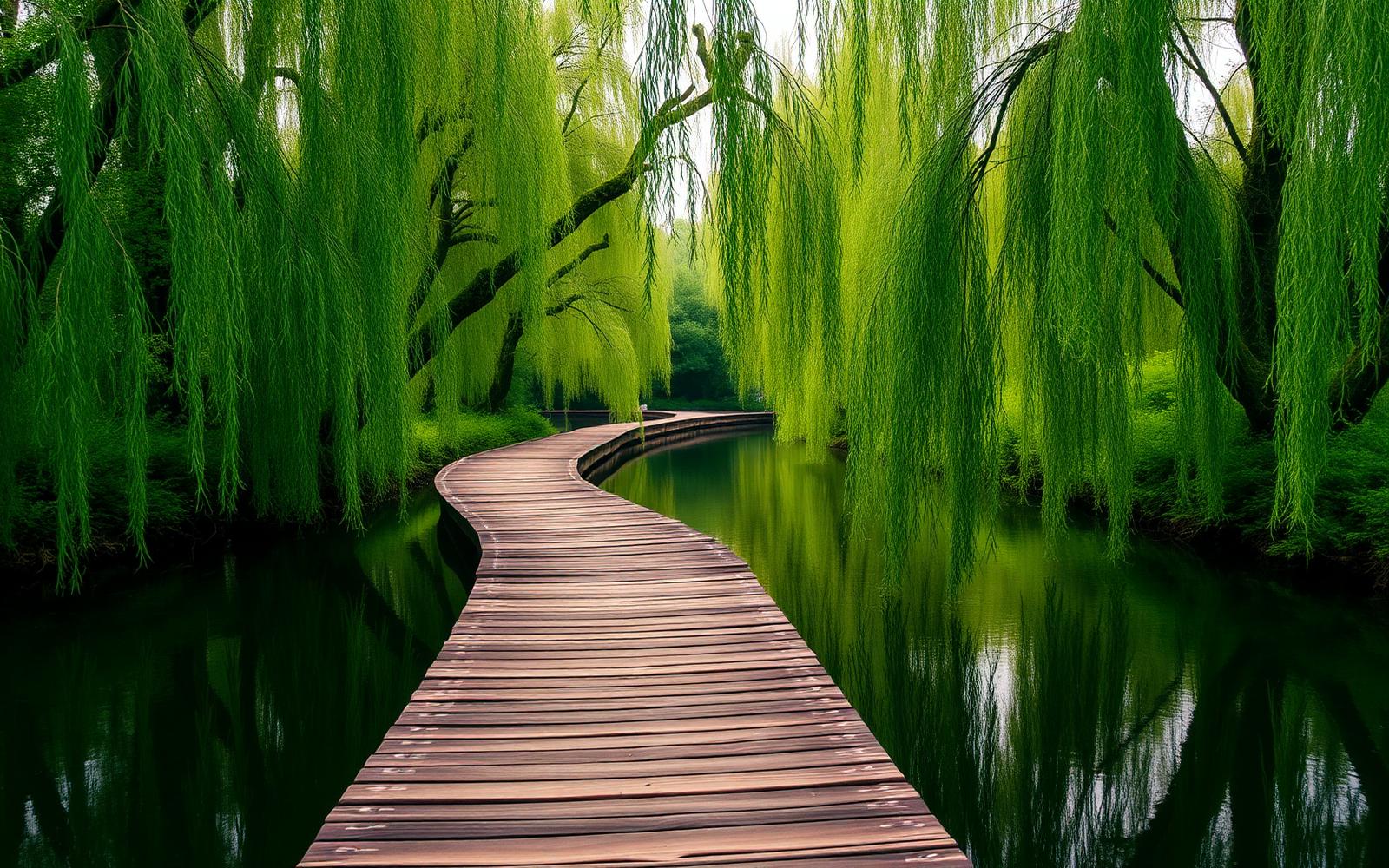 Riverside boardwalk through willow trees at Godrej Forest Estate